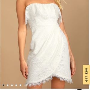 Lulu’s “Blissful Romance” White Lace Strapless Tulip Mini Dress